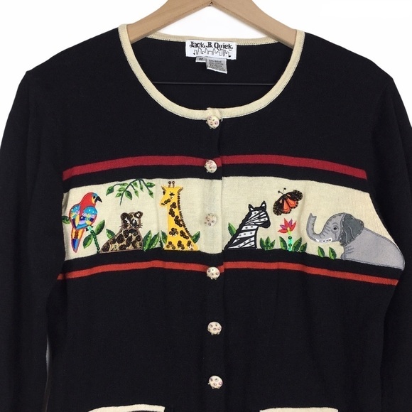 VINTAGE Cardigan Sweater Jack B Quick Animals Beaded Jungle Theme Size Medium - Picture 3 of 15